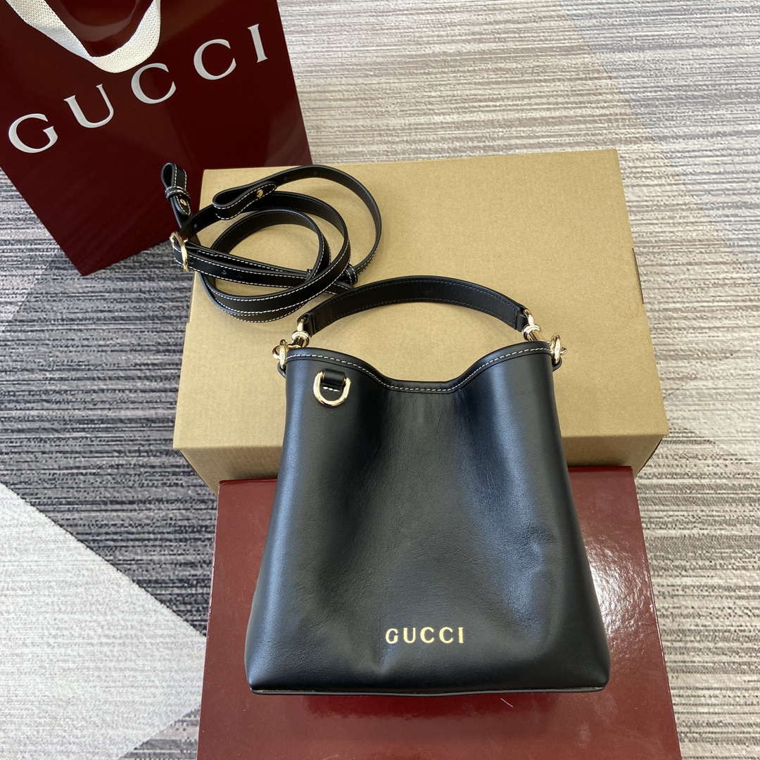 Gucci 815118 GG Emblem Mini Bucket Bag Black smooth leather - Default Title - View 1
