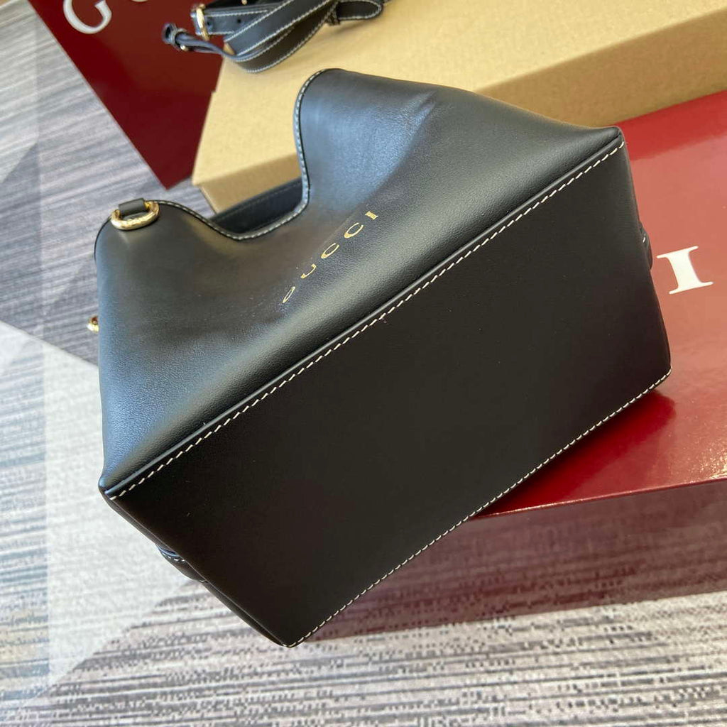 Gucci 815118 GG Emblem Mini Bucket Bag Black smooth leather