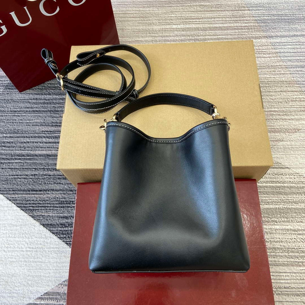 Gucci 815118 GG Emblem Mini Bucket Bag Black smooth leather