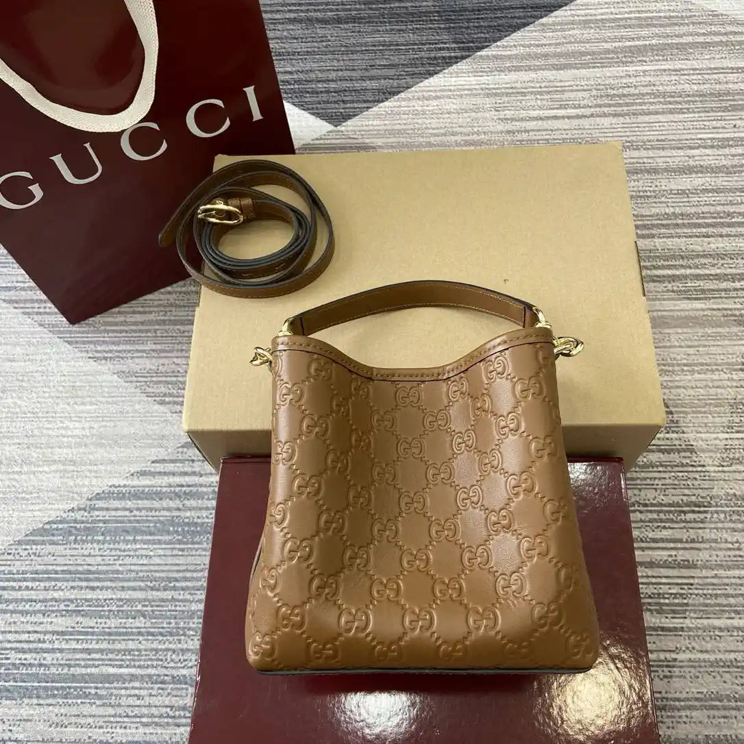 Gucci 815118 GG Emblem Mini Bucket Bag brown GG leather