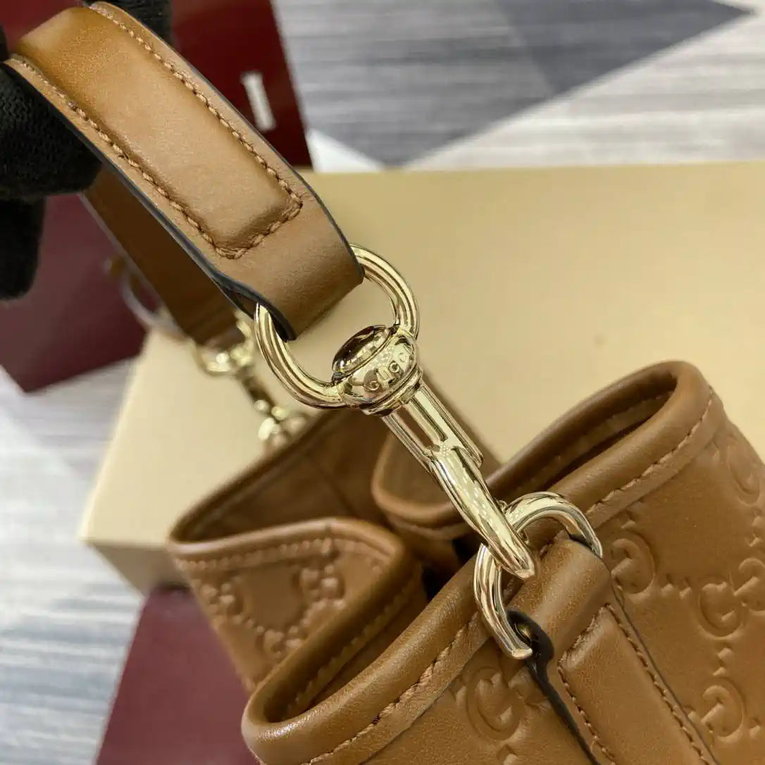 Gucci 815118 GG Emblem Mini Bucket Bag brown GG leather
