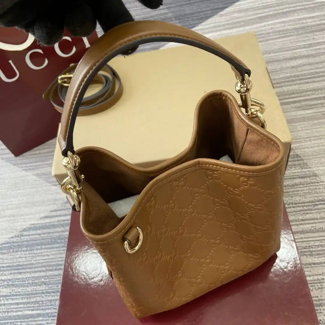 Gucci 815118 GG Emblem Mini Bucket Bag brown GG leather