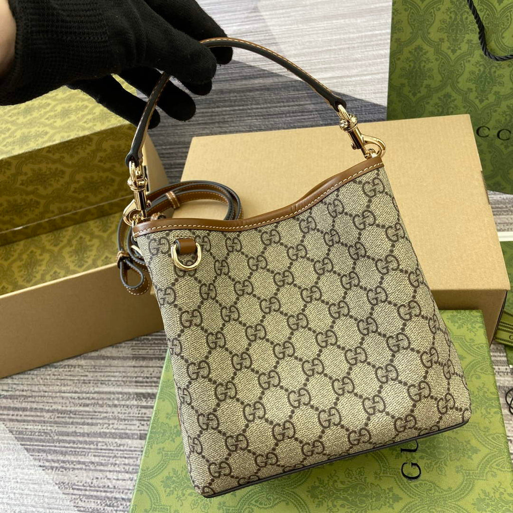 Gucci 815118 GG Emblem Mini Bucket Bag Brown