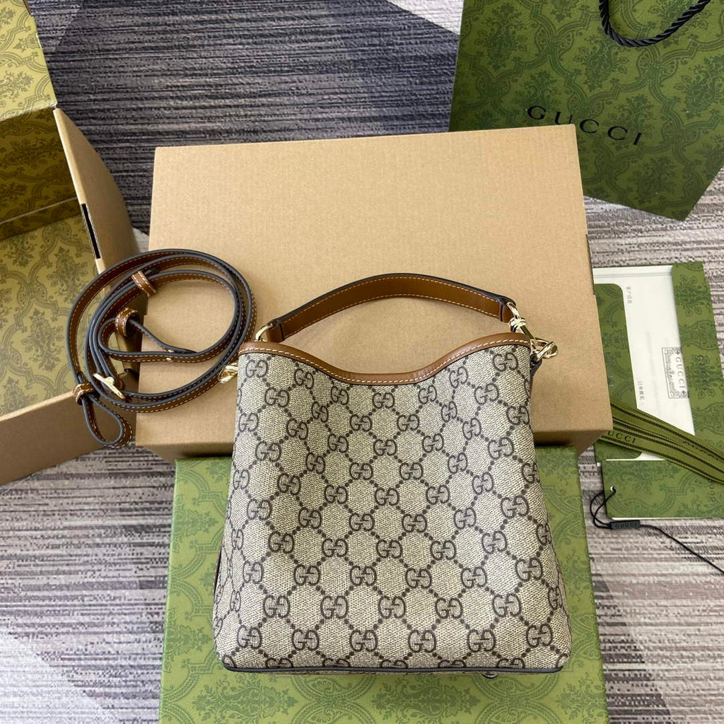 Gucci 815118 GG Emblem Mini Bucket Bag Brown