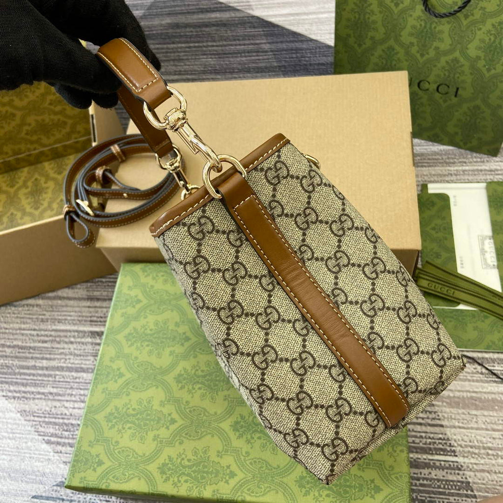 Gucci 815118 GG Emblem Mini Bucket Bag Brown