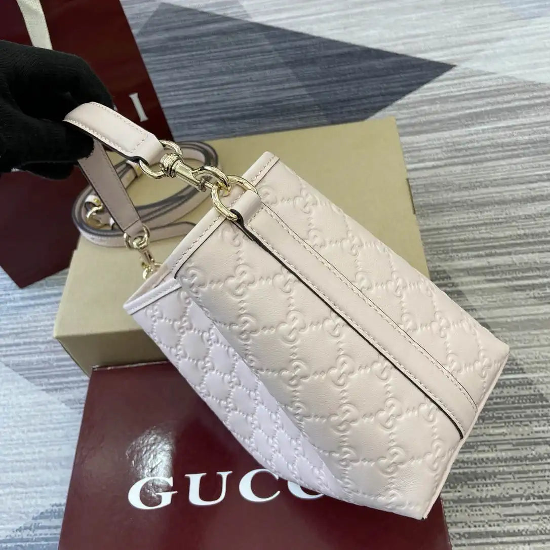 Gucci 815118 GG Emblem small bucket bag Light Pink GG leather