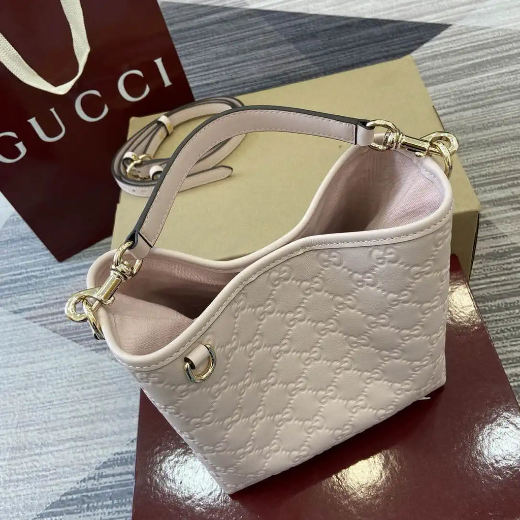 Gucci 815118 GG Emblem small bucket bag Light Pink GG leather