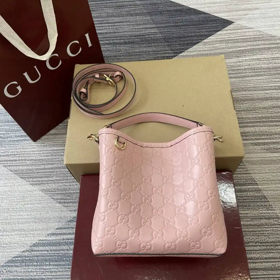 Gucci 815118 GG Emblem Mini Bucket Bag Pink GG leather