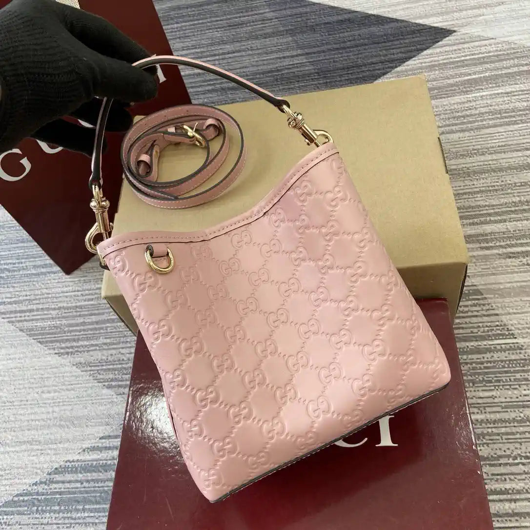 Gucci 815118 GG Emblem Mini Bucket Bag Pink GG leather