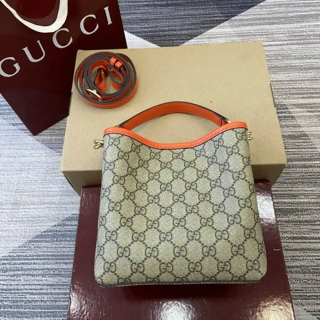 Gucci 815118 GG Emblem small bucket bag beige and orange fabric