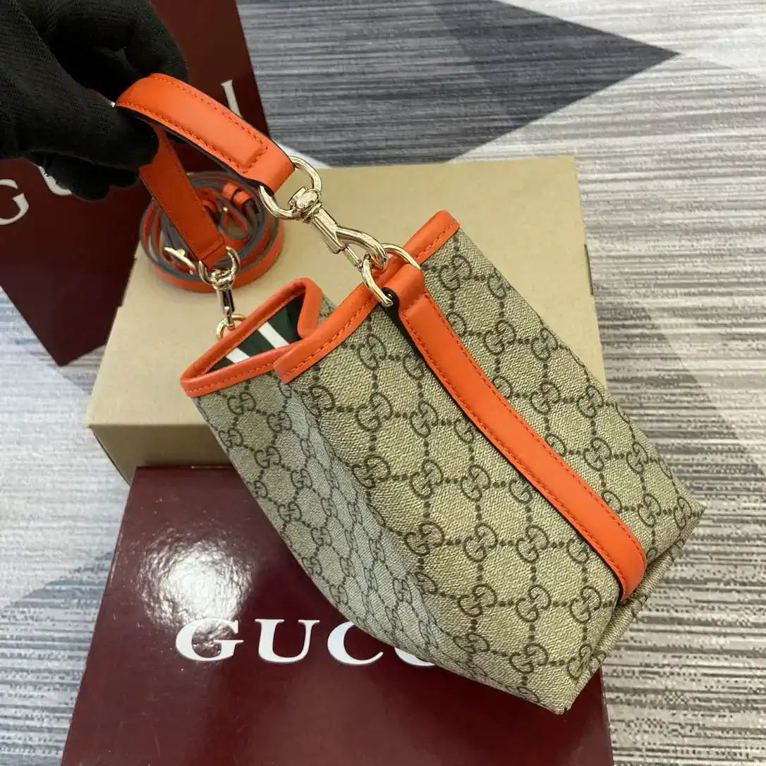 Gucci 815118 GG Emblem small bucket bag beige and orange fabric