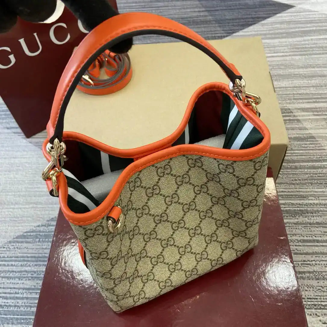 Gucci 815118 GG Emblem small bucket bag beige and orange fabric