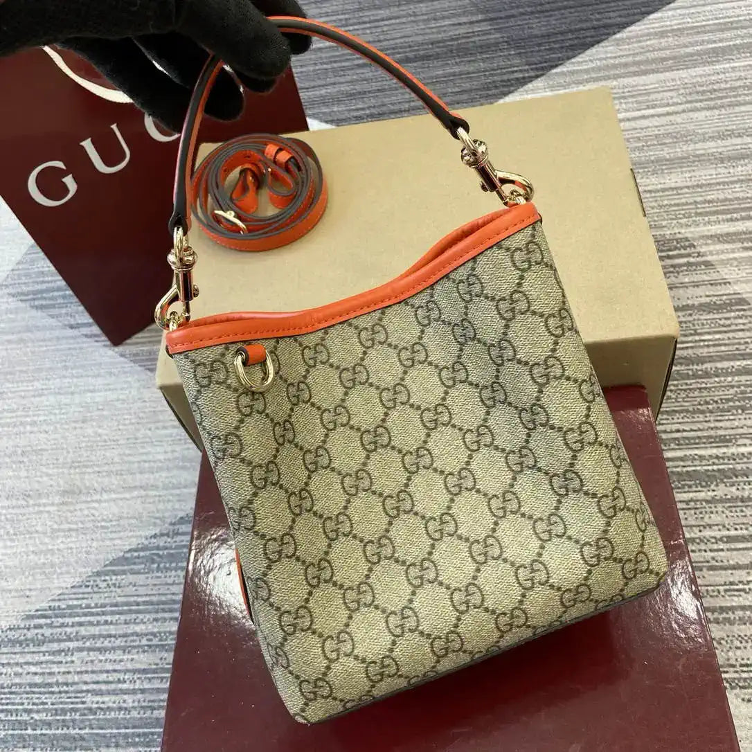Gucci 815118 GG Emblem small bucket bag beige and orange fabric