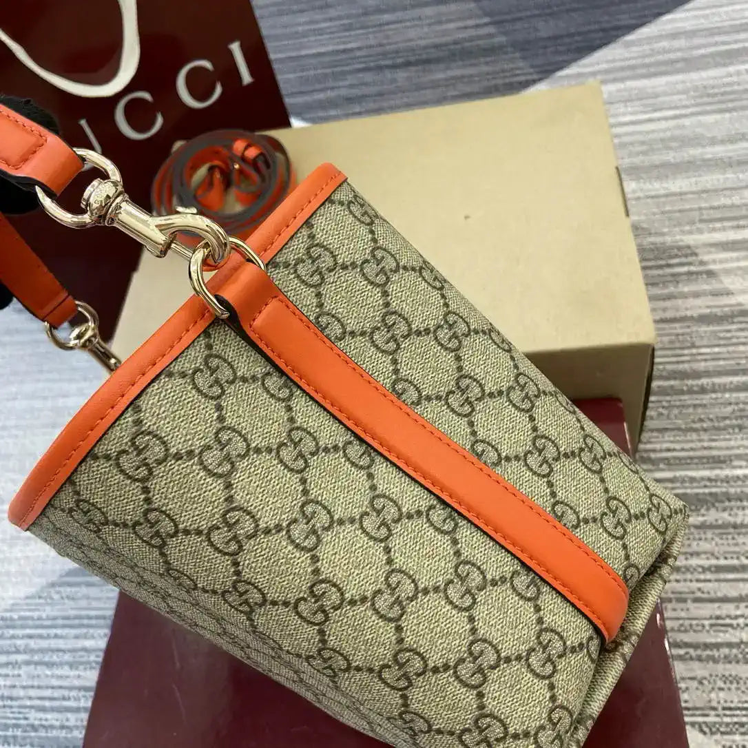Gucci 815118 GG Emblem small bucket bag beige and orange fabric