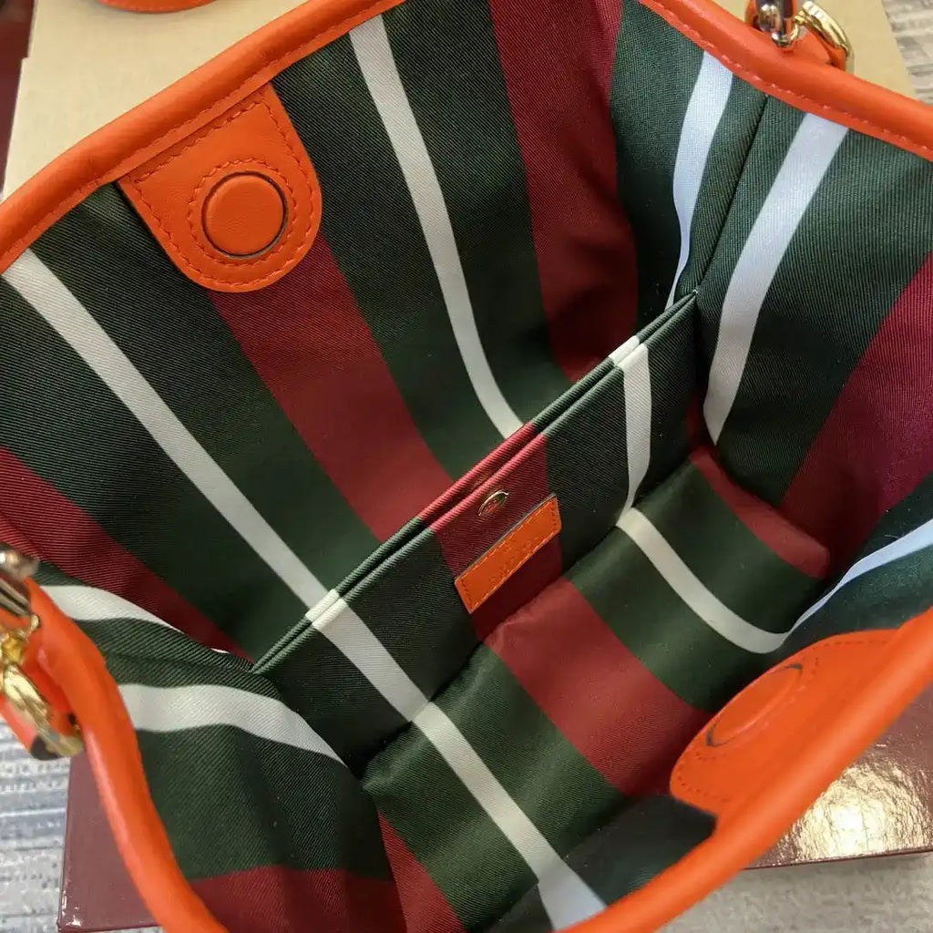 Gucci 815118 GG Emblem small bucket bag beige and orange fabric