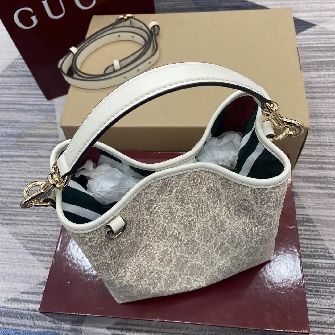 Gucci 815118 GG Emblem small bucket bag beige and white fabric