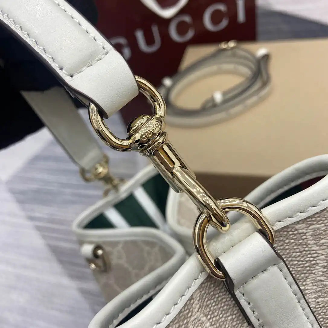 Gucci 815118 GG Emblem small bucket bag beige and white fabric