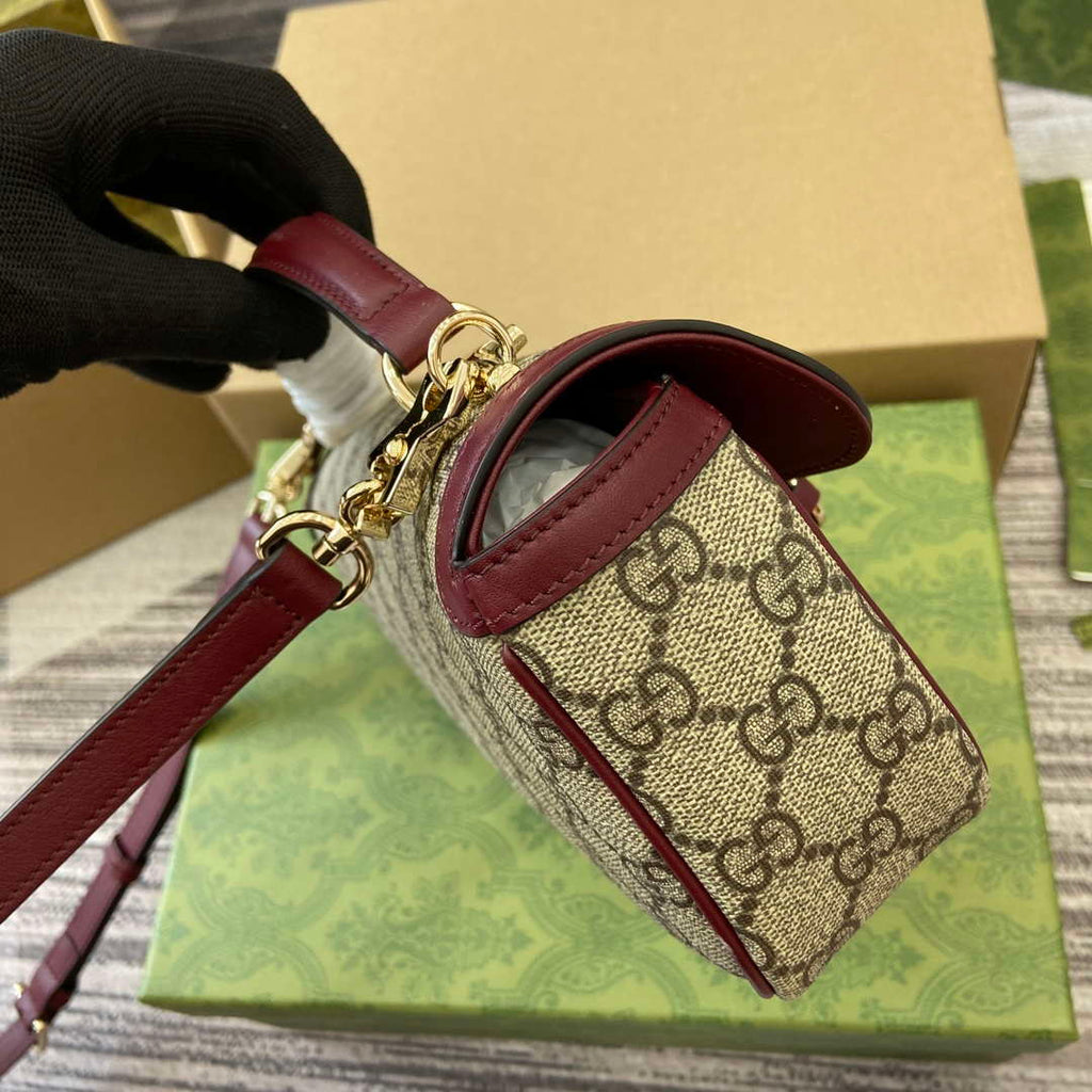 Gucci 815206 Gucci Horsebit 1955 Soft Small Top Handle Bag Red leather trim