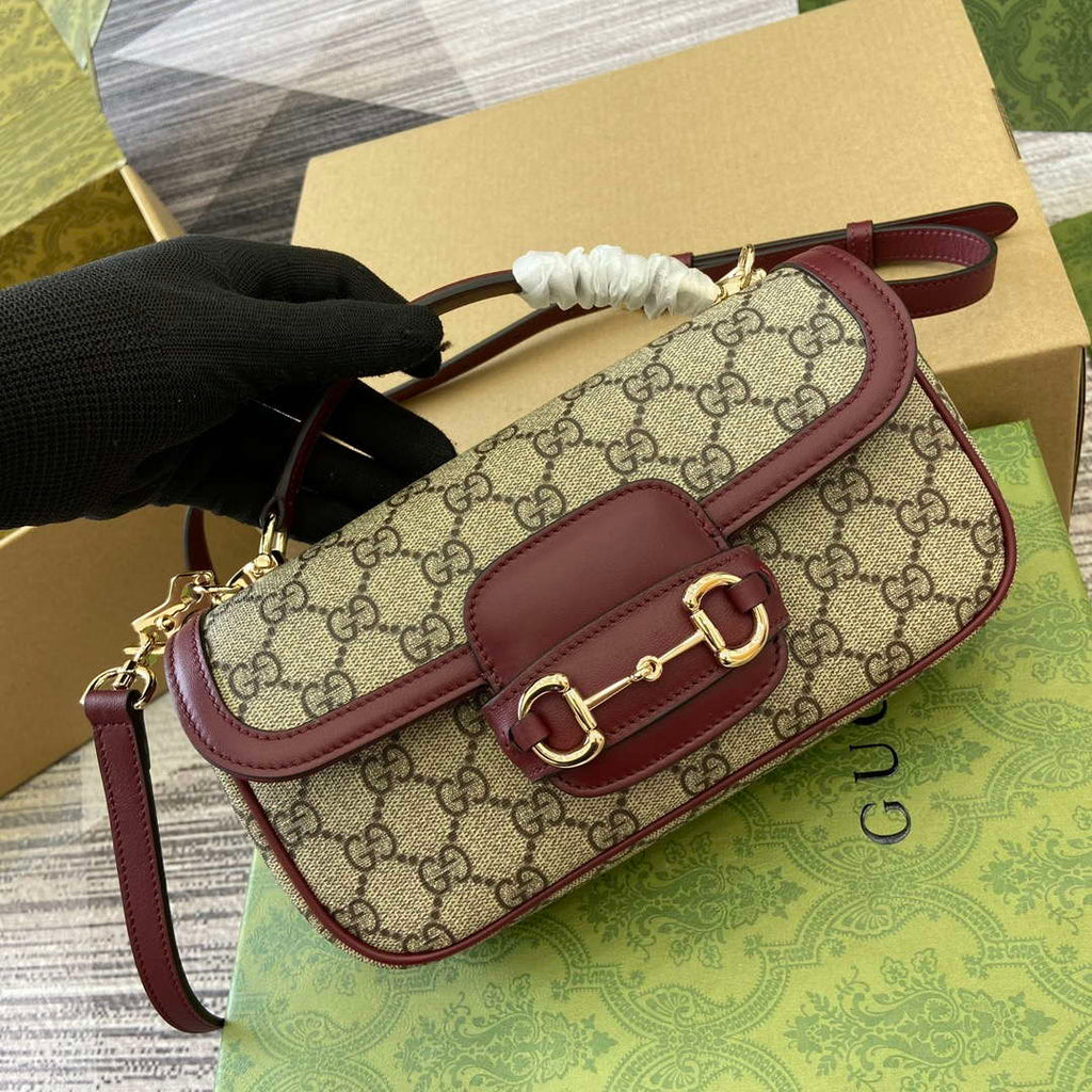 Gucci 815206 Gucci Horsebit 1955 Soft Small Top Handle Bag Red leather trim