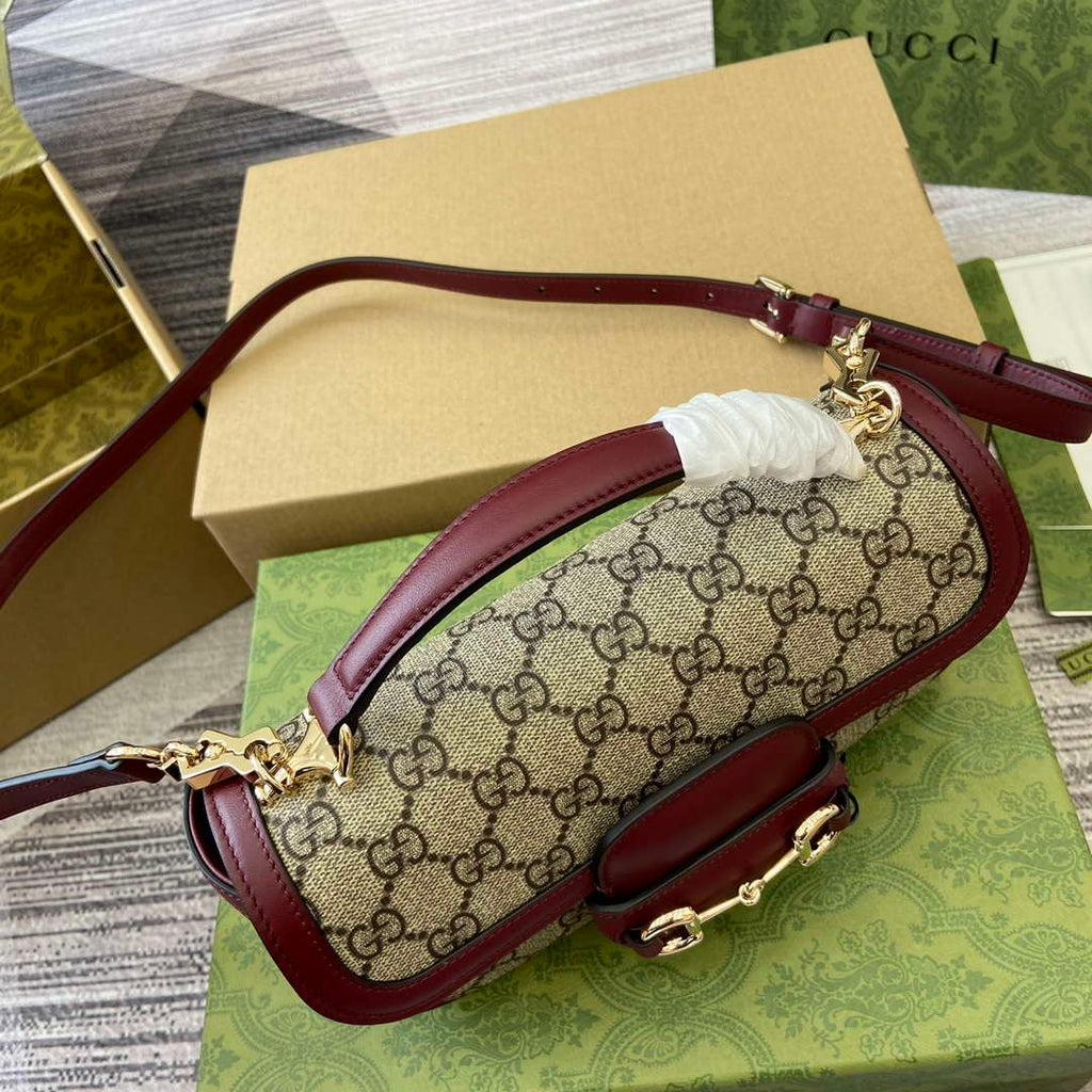 Gucci 815206 Gucci Horsebit 1955 Soft Small Top Handle Bag Red leather trim