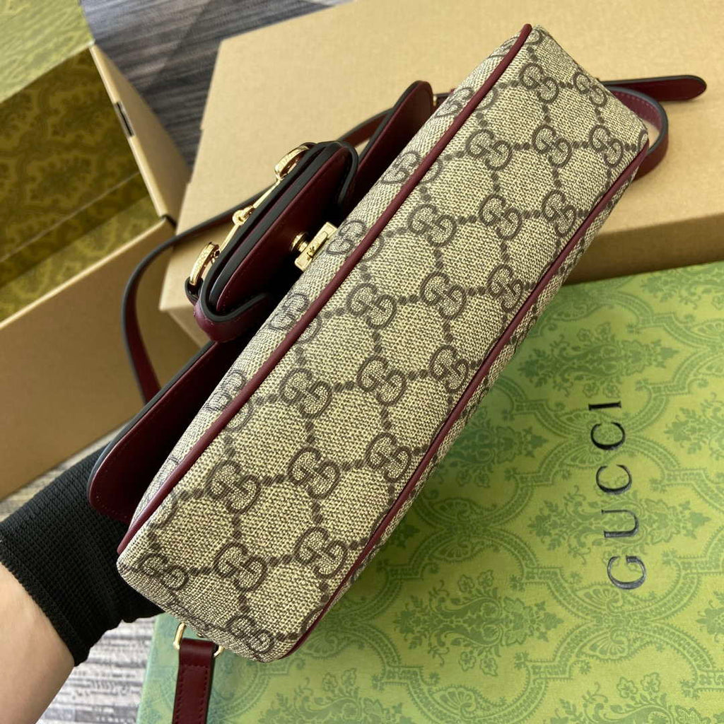 Gucci 815206 Gucci Horsebit 1955 Soft Small Top Handle Bag Red leather trim