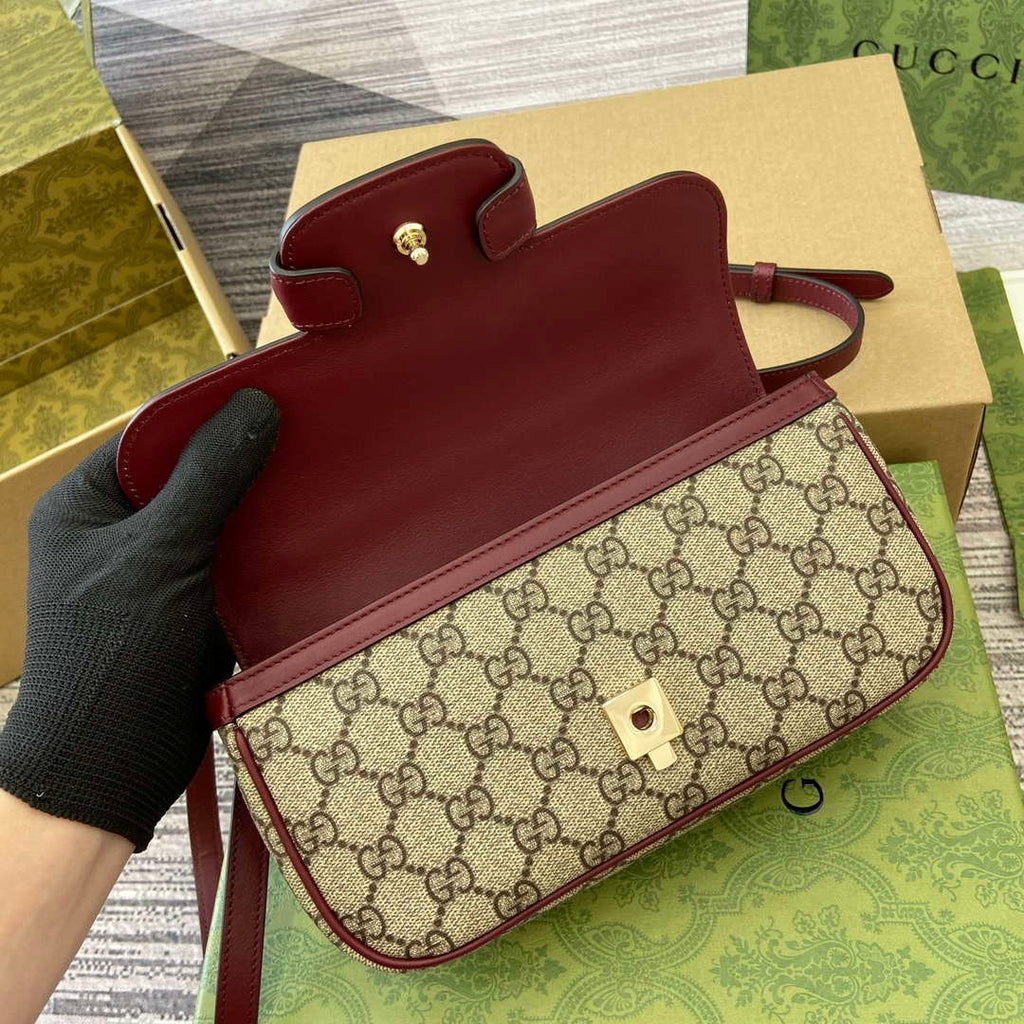 Gucci 815206 Gucci Horsebit 1955 Soft Small Top Handle Bag Red leather trim