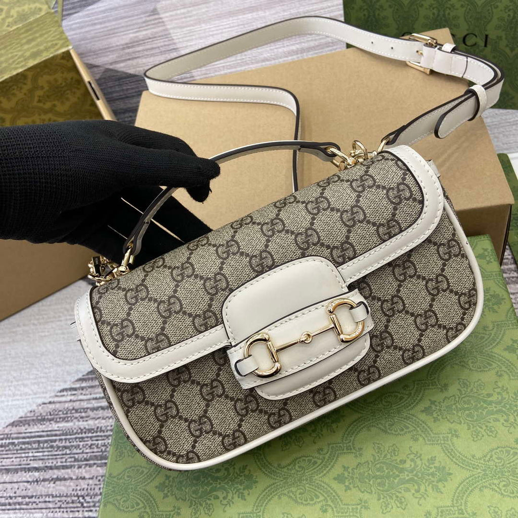 Gucci 815206 Gucci Horsebit 1955 Soft Small Top Handle Bag White leather trim