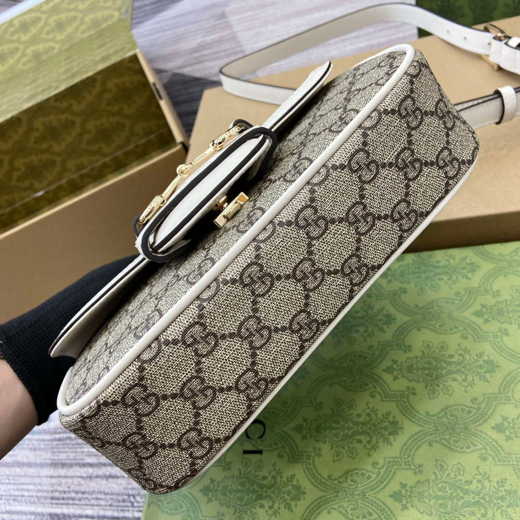 Gucci 815206 Gucci Horsebit 1955 Soft Small Top Handle Bag White leather trim