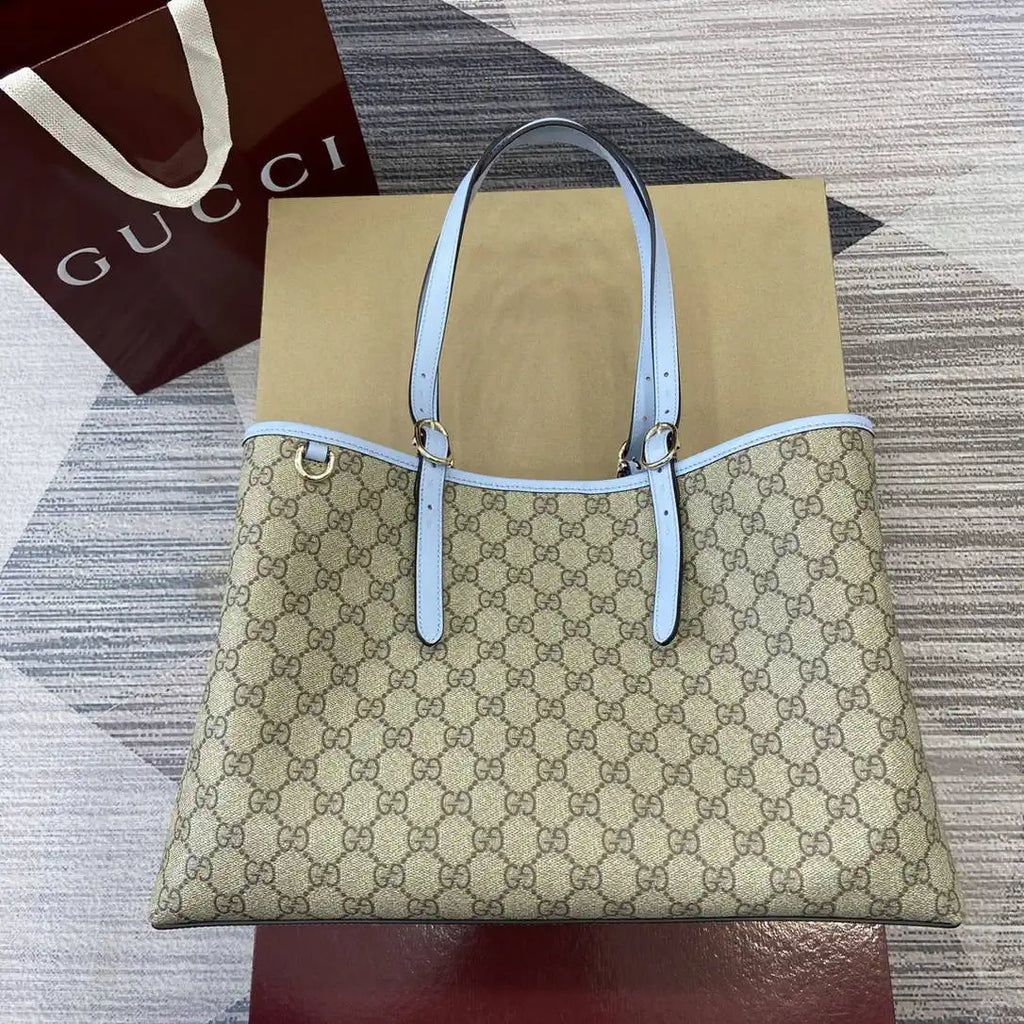 Gucci 815213 GG Emblem Large Tote Bag Beige Blue