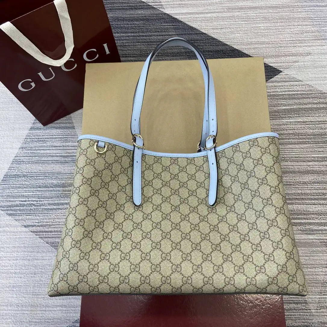 Gucci 815213 GG Emblem Large Tote Bag Beige Blue