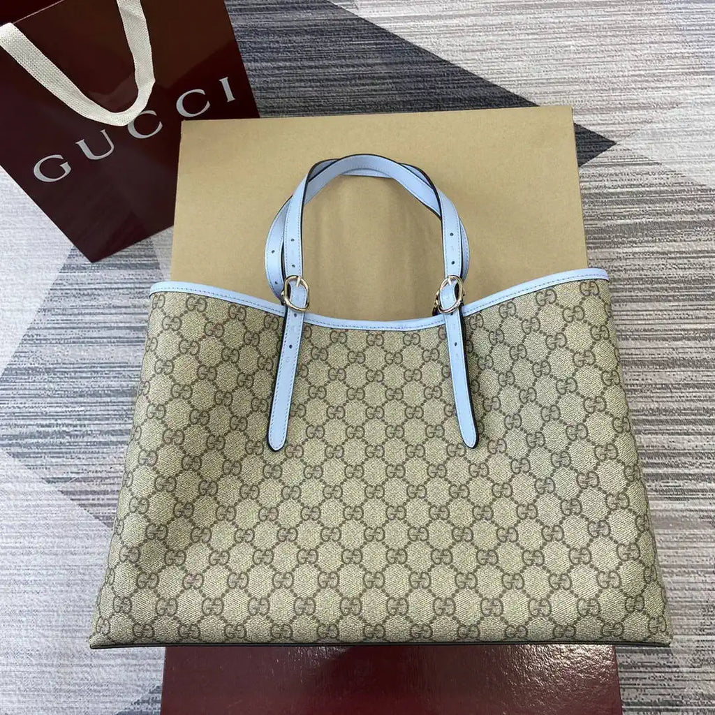 Gucci 815213 GG Emblem Large Tote Bag Beige Blue