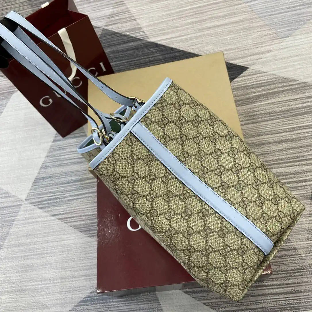Gucci 815213 GG Emblem Large Tote Bag Beige Blue