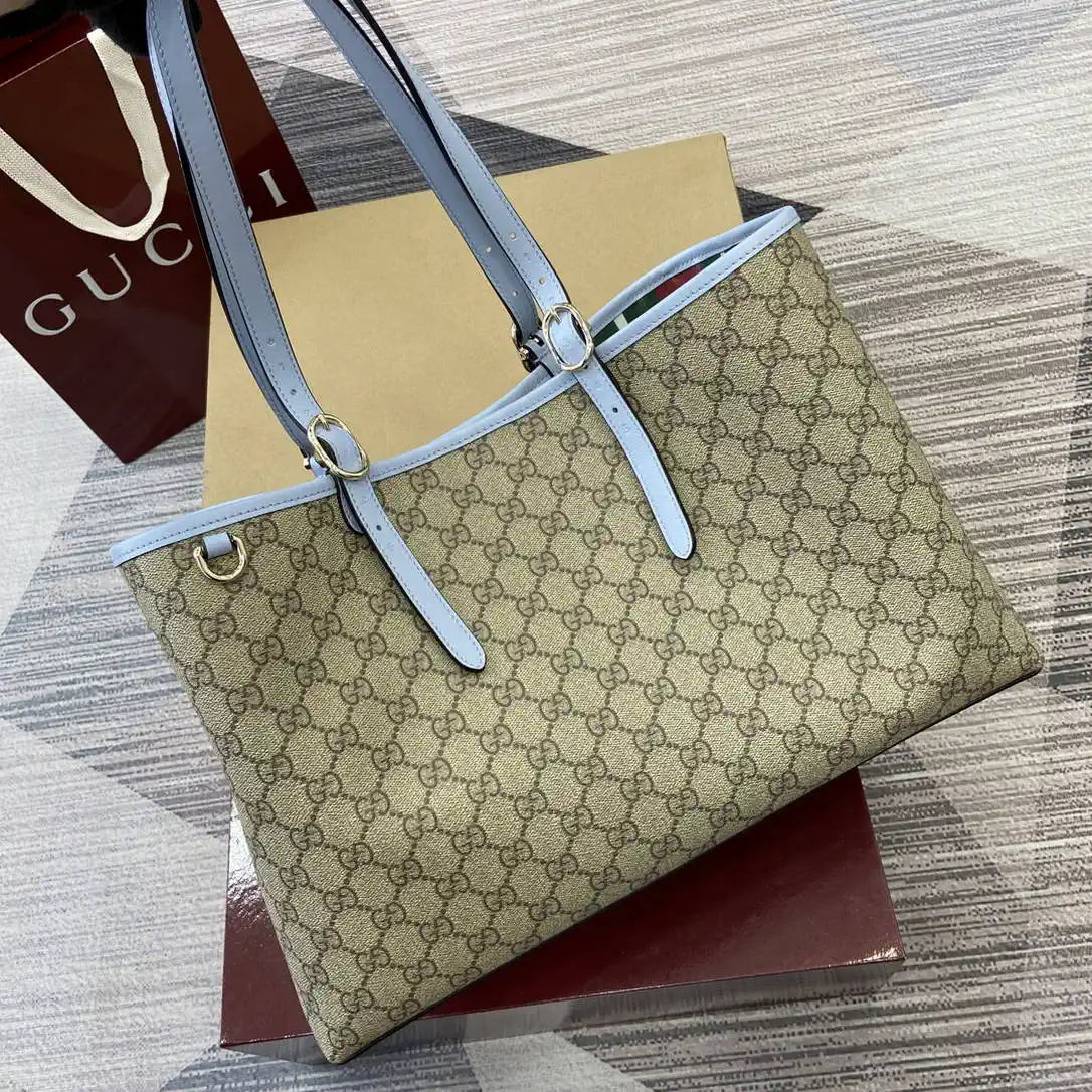 Gucci 815213 GG Emblem Large Tote Bag Beige Blue