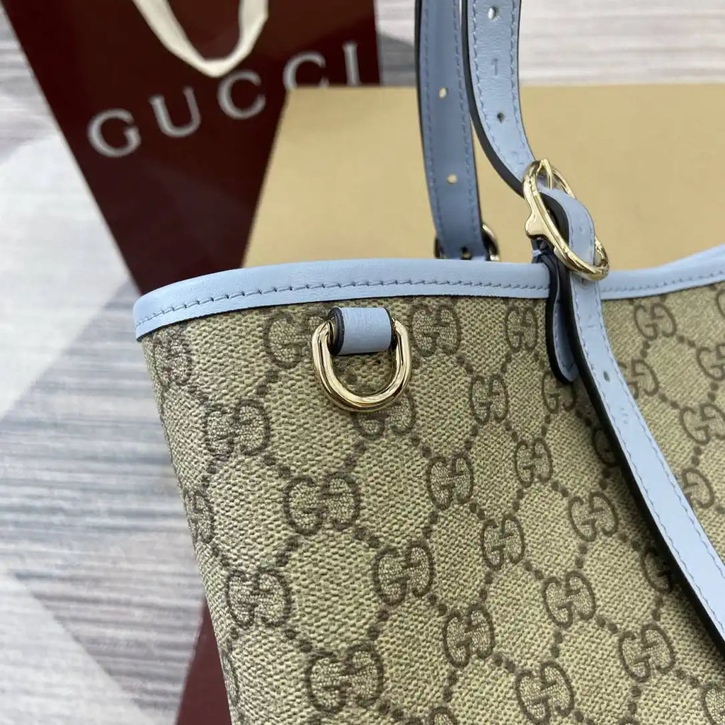 Gucci 815213 GG Emblem Large Tote Bag Beige Blue
