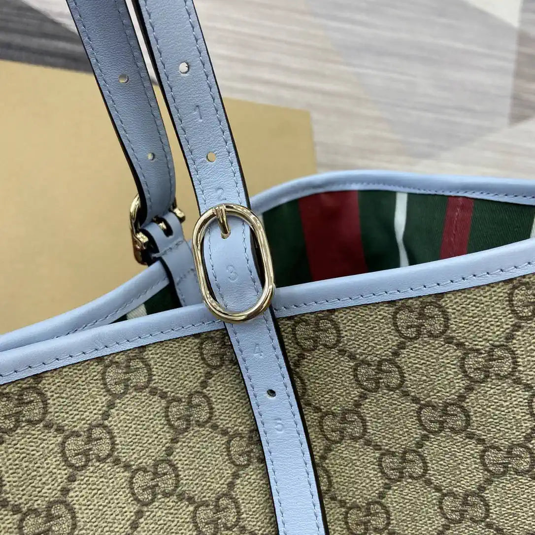 Gucci 815213 GG Emblem Large Tote Bag Beige Blue