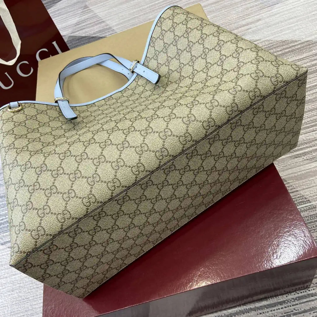 Gucci 815213 GG Emblem Large Tote Bag Beige Blue