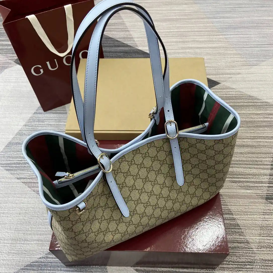 Gucci 815213 GG Emblem Large Tote Bag Beige Blue