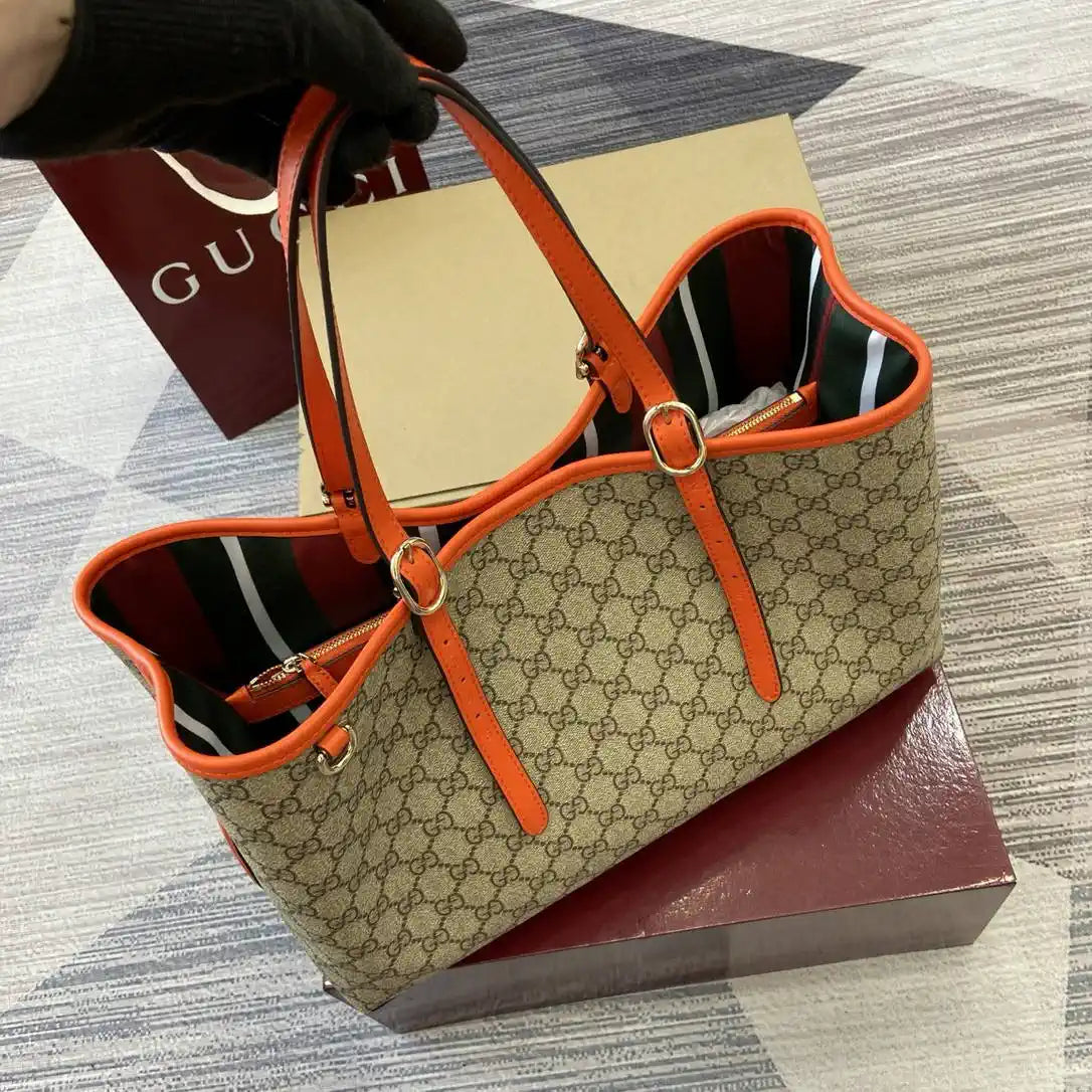 Gucci 815213 GG Emblem Large Tote Bag Beige Orange