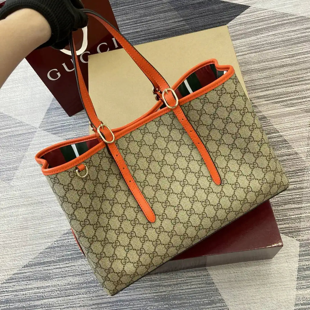 Gucci 815213 GG Emblem Large Tote Bag Beige Orange