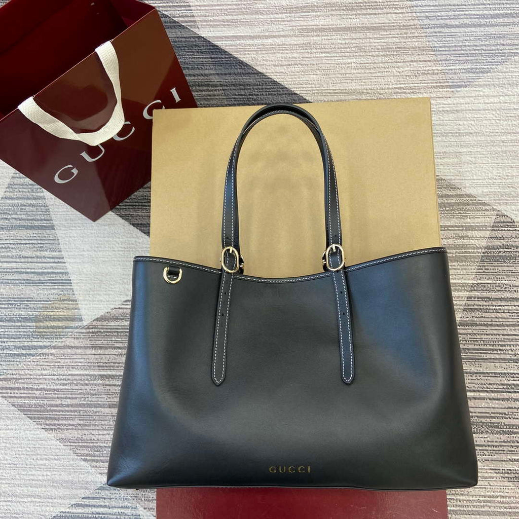 Gucci 815213 GG Emblem Large tote bag Black leather