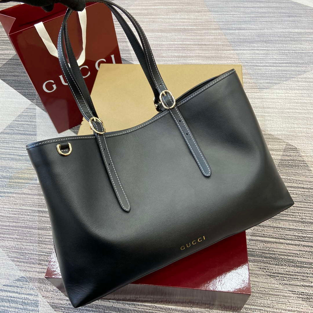 Gucci 815213 GG Emblem Large tote bag Black leather