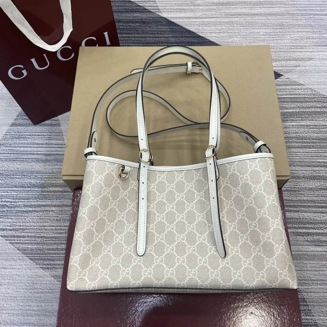Gucci 815214 GG Emblem medium Tote Bag beige and white fabric