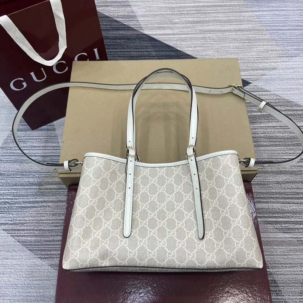 Gucci 815214 GG Emblem medium Tote Bag beige and white fabric