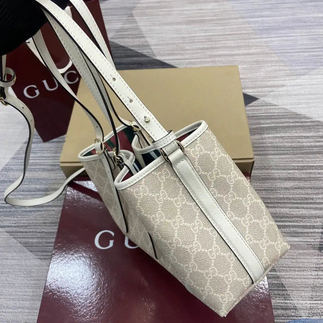 Gucci 815214 GG Emblem medium Tote Bag beige and white fabric