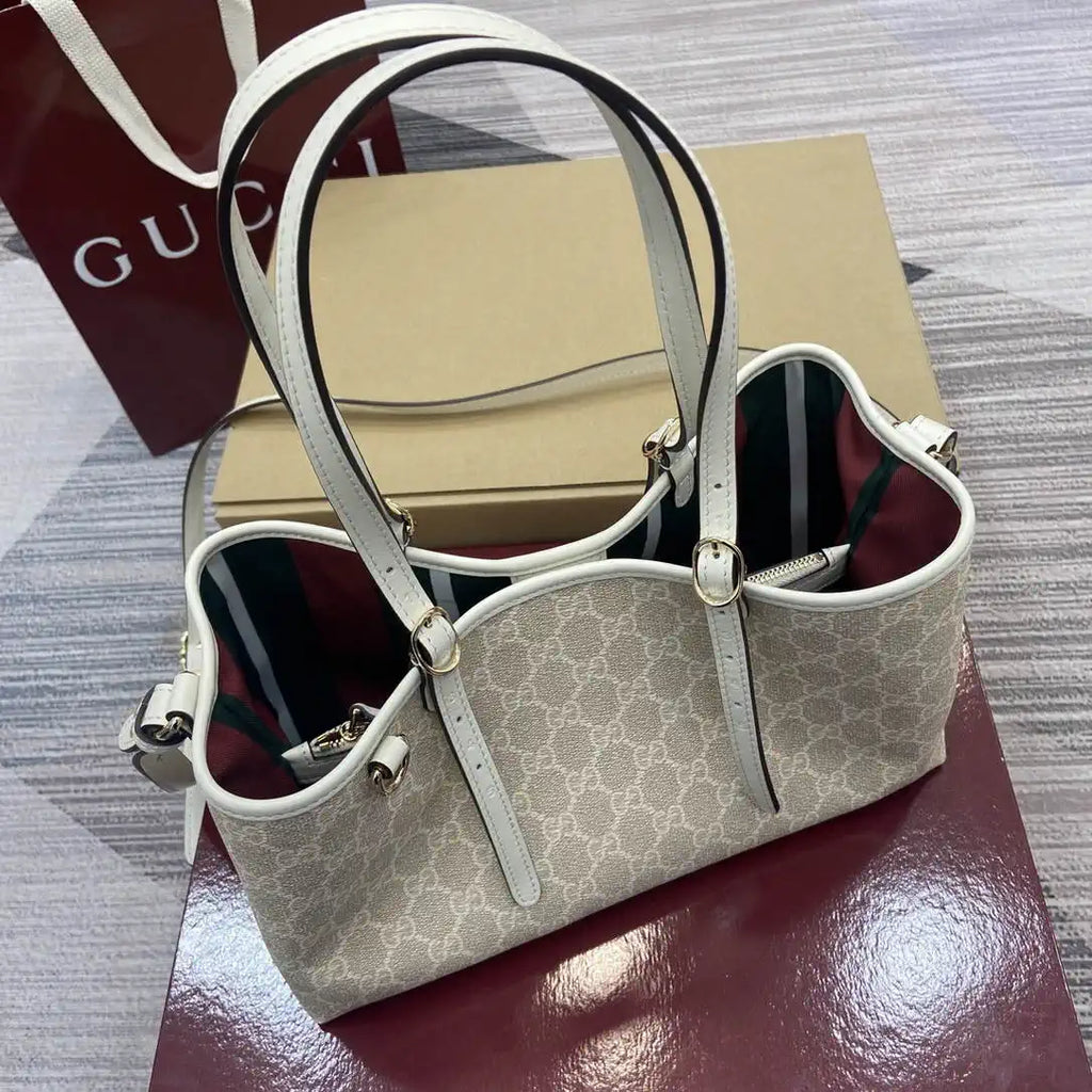 Gucci 815214 GG Emblem medium Tote Bag beige and white fabric