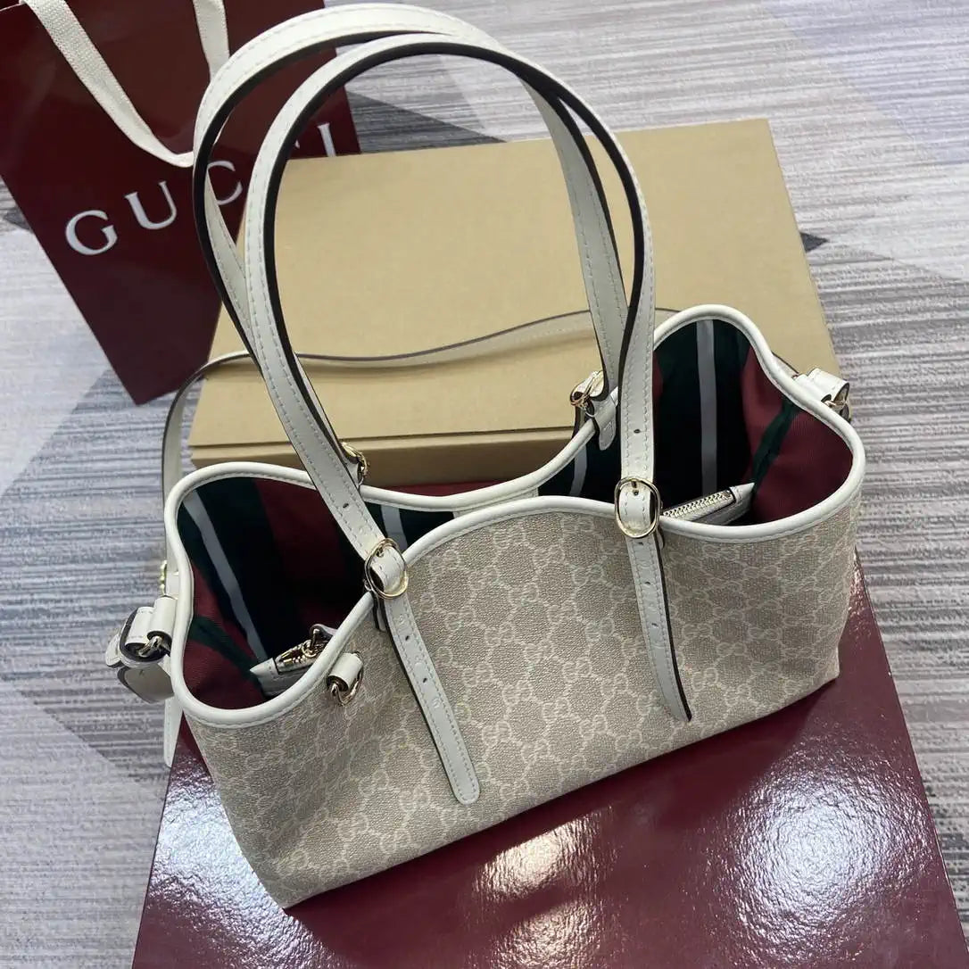 Gucci 815214 GG Emblem medium Tote Bag beige and white fabric
