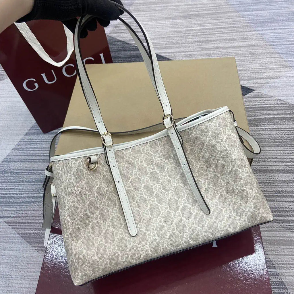 Gucci 815214 GG Emblem medium Tote Bag beige and white fabric