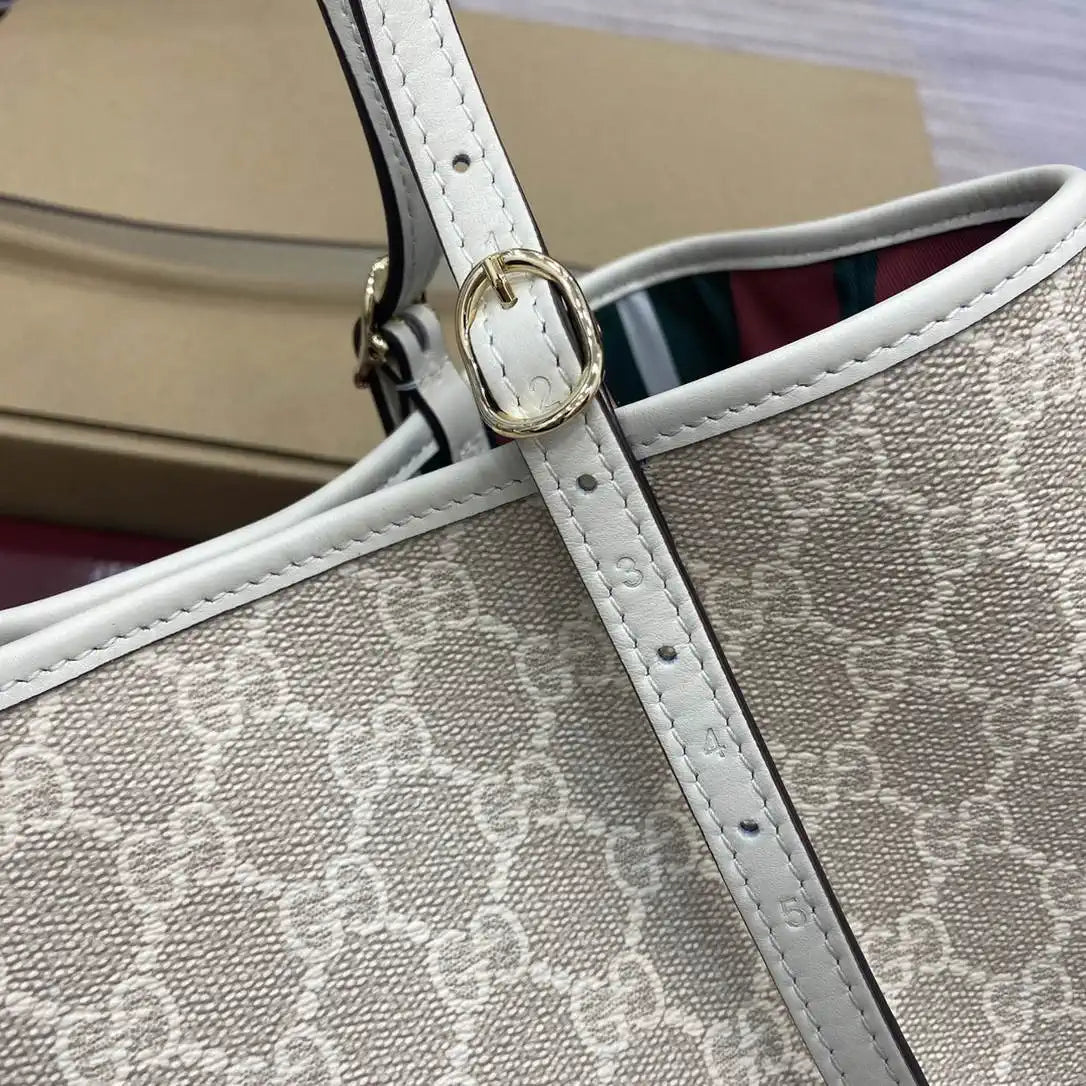 Gucci 815214 GG Emblem medium Tote Bag beige and white fabric