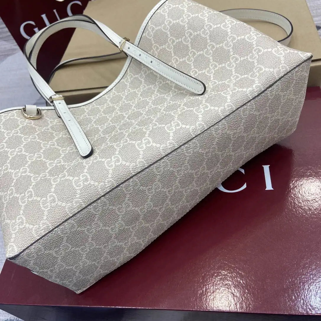 Gucci 815214 GG Emblem medium Tote Bag beige and white fabric