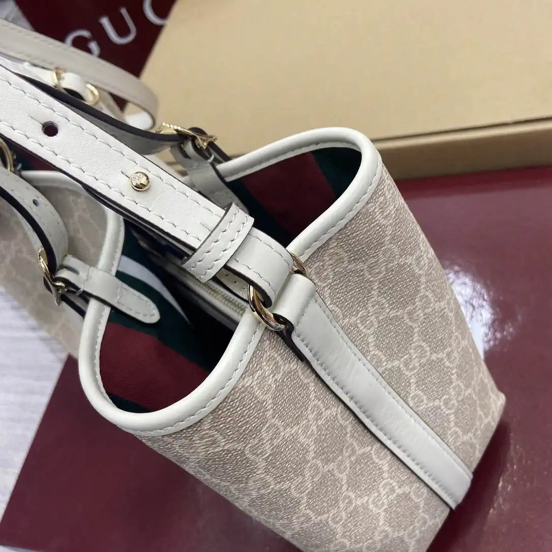 Gucci 815214 GG Emblem medium Tote Bag beige and white fabric